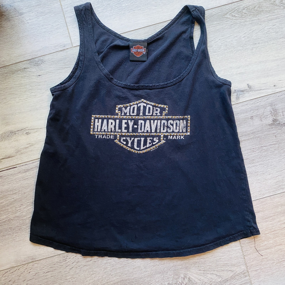 Harley-Davidson Shirt Womens Large Black Tank Top Studded Bar Shield Biker 2010s